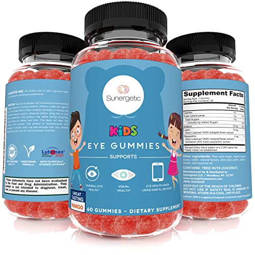 Sunergetic Premium Eye Support Gummies for Kids - Lutein with Zeaxanthin Supports Overall Eye Health, Vision & Macular Health - Lutein & Zeaxanthin Gummies with Lutemax 2020-60 Gummies