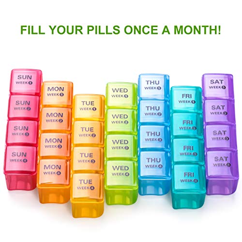 Sukuos Monthly Pill Organizer 28 Day Case, Moisture-Resistant Large 4 Week Month Pill Cases w/Dust-Proof Box for Pills/Vitamin/Fish Oil/Supplements, BPA Free Pill Case w/Clear Lid, Easy to Clean