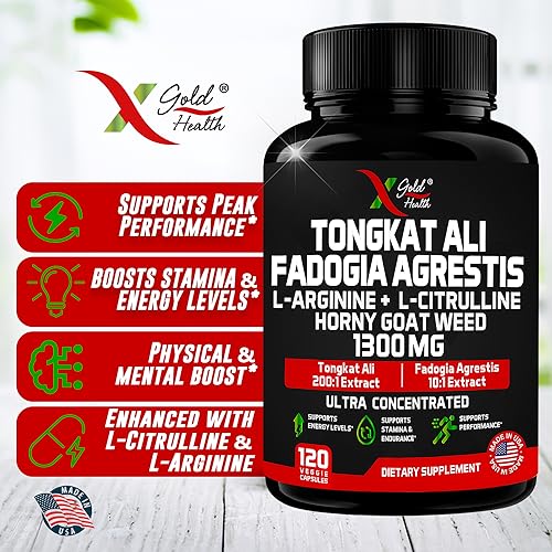 Tongkat Ali, Fadogia Agrestis, L-Arginine, L-Citrulline & Horny Goat Weed Supplement: 1300mg Ultra Concentrated Complex for Boosted Energy & Stamina - Herbal Performance Supplements - 120 Capsules