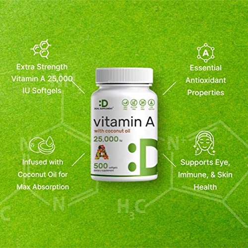 DEAL SUPPLEMENT High Potency Vitamin A 25000 IU, 500 Coconut Oil Softgels | Easily Absorbed, Natural Fish Liver Oil Source – Vitamins for Eye, Immune, & Skin Health – Easy to Swallow, Non-GMO