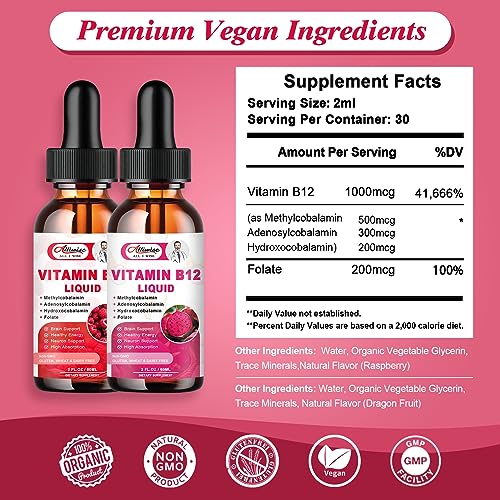 Vegan&High Absorption Vitamin B12 1000mcg Sublingual Liquid Supplement for Women and Men- Blend with Folic Acid 200mcg-Support Brain, Energy & Neuron System- Organic Fruit Flavor