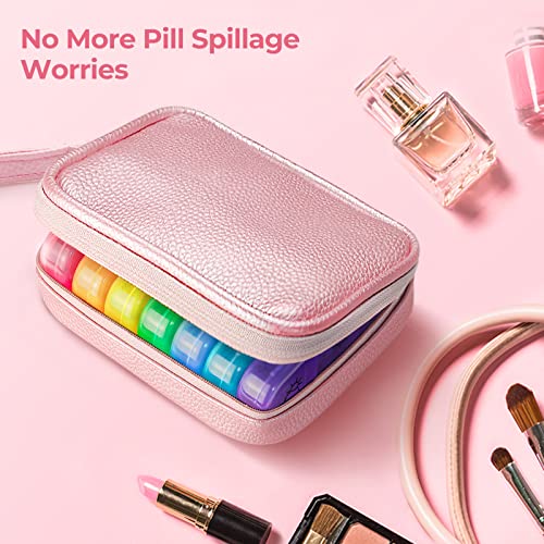 Cute Pill Organizer 3 Times a Day, AMOOS Large Daily Pill Case for Women, Portable Pill Box 7 Day for Purse with Bag & Zipper to Hold Vitamins, Medications, Fish Oils, Supplements (Pink)