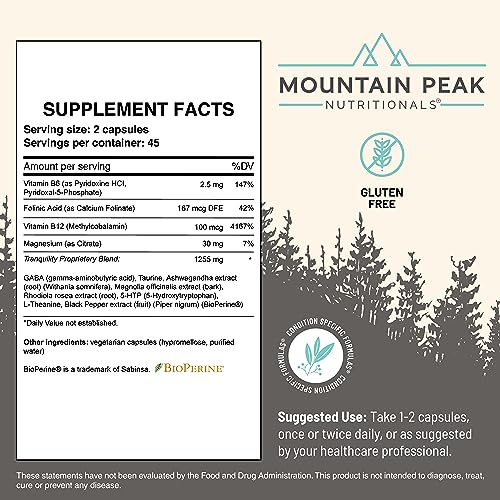 Mountain Peak Nutritionals Tranquility Formula - Supports Brain Health, Sleep & Stress Management - Vitamin B6, Vitamin B12 and Adaptogens - Hypoallergenic Dietary Supplement (90 Vegetarian Capsules)