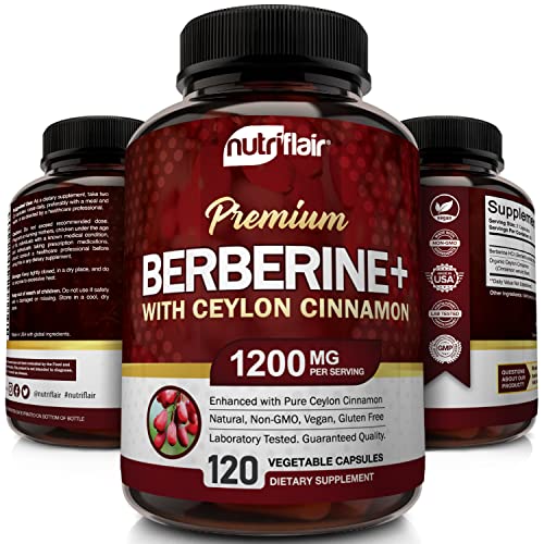 NutriFlair Premium Berberine HCL 1200mg, 120 Capsules - Plus Pure True Ceylon Cinnamon, Berberine HCI Root Supplements Pills - Supports Glucose Metabolism, Immune System, Healthy Weight Management