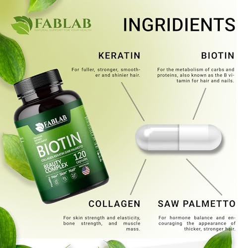 FabLab Biotin Vitamins with Collagen, Keratin & Saw Palmetto for Women and Men - Biotin 10000 mcg Hair Skin Nails Supplement for Hair, Skin, and Nails Wellness - Made in USA, 120 Capsules