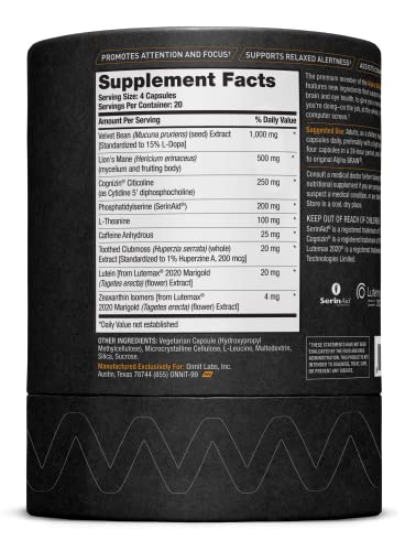 ONNIT Alpha Brain Black Label Capsule (80ct) Premium Citicoline Brain Supplement - Focus, Concentration & Memory - Lion's Mane, Hericium Erinaceus, L Theanine & Mucuna Pruriens