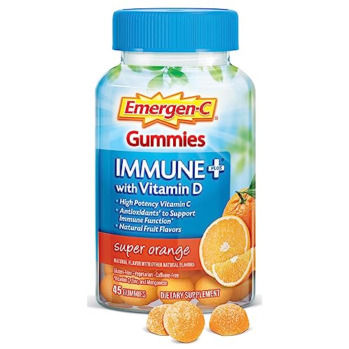 Emergen-C Immune+ Immune Gummies, Vitamin D plus 750 mg Vitamin C, Immune Support Dietary Supplement, Caffeine Free, Gluten Free, Super Orange Flavor - 45 Count