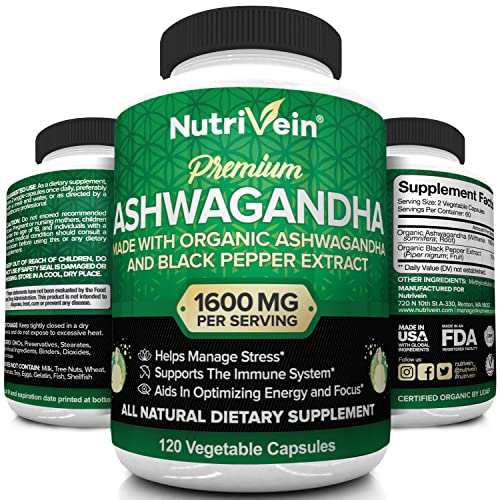 Nutrivein Organic Ashwagandha Capsules 1600mg with Black Pepper Extract - 120 Vegan Pills - 100% Pure Root Powder Supplement - Supports Stress Relief, Immune, Energy, Stamina & Mood