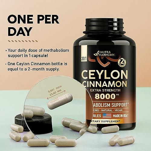 Ceylon Cinnamon Capsules - 8000 mg, Extra Strength - Made in USA - Energy, Heart & Metabolism Support - for Men & Women - Pure Natural Extract 20:1 Supplement - 60 Vegan Pills, 2 Month Supply