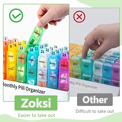 Zoksi Monthly Pill Organizer 3 Times a Day, One Month Pill Box Organizer Morn-Noon-Eve, 30 Day Pill Case for Travel, 31 Day Medicine Organizer with 32 Removable Compartments for All Meds