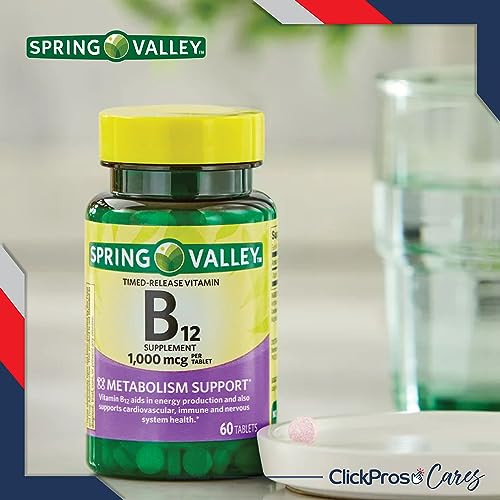 Spring Valley Timed-Release Vitamin B12 Tablets, 1,000 mcg, 60 Count 2 Pack Bundle (120 Count Total) - Includes Vitamin Guide and Pill Container (4 Items)!