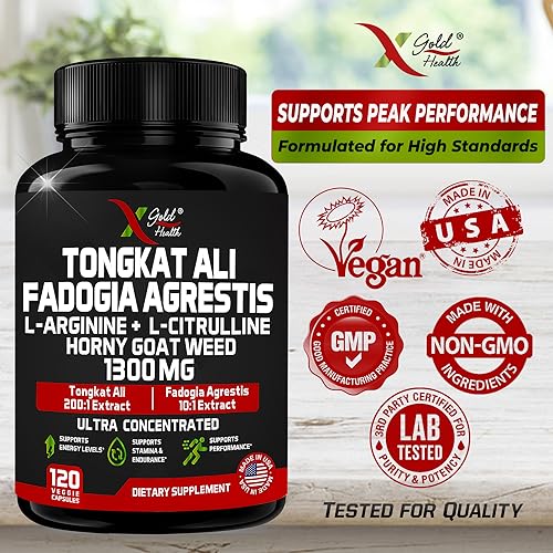 Tongkat Ali, Fadogia Agrestis, L-Arginine, L-Citrulline & Horny Goat Weed Supplement: 1300mg Ultra Concentrated Complex for Boosted Energy & Stamina - Herbal Performance Supplements - 120 Capsules