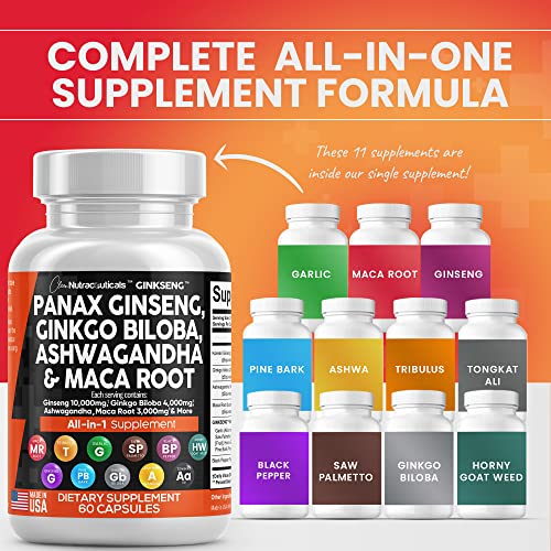 Panax Ginseng 10000mg Ginkgo Biloba 4000mg Ashwagandha Maca Root 3000mg - Focus Supplement Pills for Women and Men with Pine Bark Extract, Garlic, and Saw Palmetto - Made in USA Brain Health 60 Caps