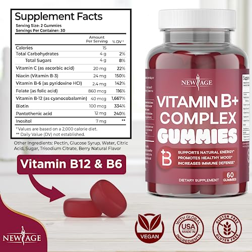 NEW AGE Vitamin B Complex Gummies with Vitamin B3, B5, B6, B7, B9 & B12 – with Biotin, Folic Acid & Vitamin C – Gluten-Free, Vegan, Made in The USA! (120 Count (Pack of 2))