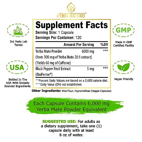 6000mg Extra Strength Yerba Mate High Potency, 60mg Caffeine Per Capsule, Extract Pills Supplements for Clean Energy, Focus, Nootropic, Made in USA - 120 Caps