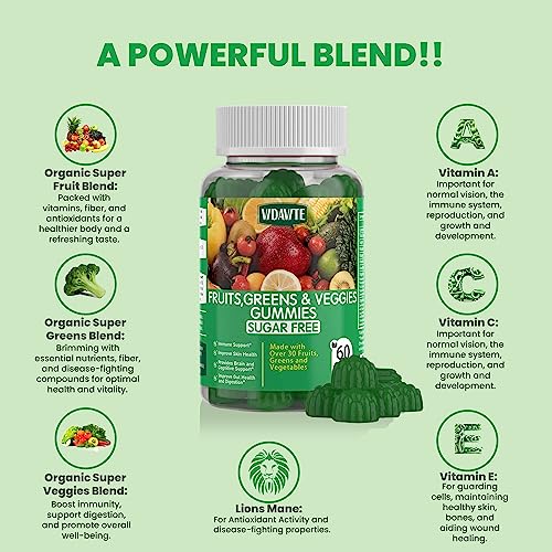 VIDAVITE Sugar-Free Fruit and Veggie Gummies — 35+ Greens, Fruit and Vegetable Vitamins to Boost Immunity, Skin & Gut Health — Ideal Fruit and Vegetable Supplement for Adults & Kids (60 Gummies)