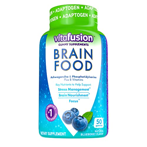 Vitafusion Brain Food Gummy Supplement: 125mg Ashwagandha, 100mg Phosphatidylserine per Serving, B Vitamins, 50ct (25 Day Supply), Blueberry Flavor from America’s Number One Gummy Vitamin Brand