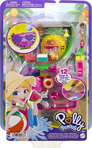 Polly Pocket Compact Playset, Scented Watermelon Pool Party with 2 Micro Dolls & Accessories, Travel Toys