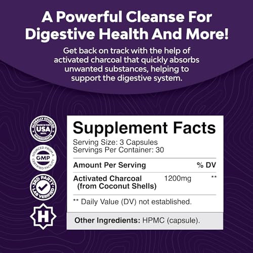 Cleanse and Detox Activated Charcoal Capsules - Purifying Detox Pills with 1200mg Coconut Charcoal Powder for Bloating Relief and Body Detox Cleanse - Active Charcoal for Gut Health - 90 Count