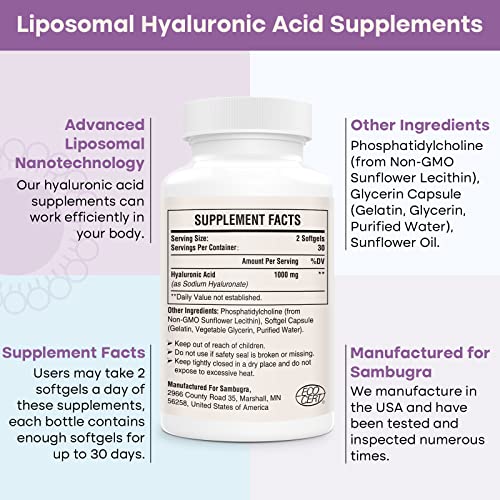 Sambugra Liposomal Hyaluronic Acid Supplements, High Bioavailability Hyaluronic Acid Capsules, 1000mg Hyaluronic Acid, Dietary Supplement Support Skin Hydration and Joint Lubrication, 60 Capsules