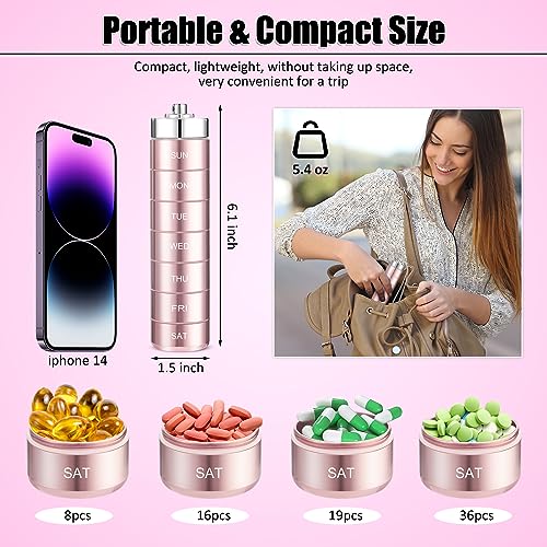 Tanlade 2 Pcs Metal Pill Organizer, Stackable Portable Waterproof Travel Pill Box, Large Aluminum Alloy Travel Pill Case Pill Container for Fish Oil, Supplement (Rose Gold, Silver,Classic Style)