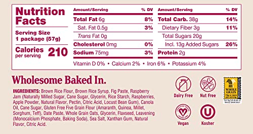 Nature’s Bakery Gluten Free Fig Bars, Raspberry, Real Fruit, Vegan, Non-GMO, Snack bar, 6 boxes with 6 twin packs (36 twin packs)