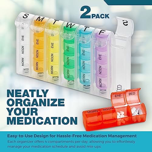 Weekly Pill Organizer - (Pack of 2) Pill Planners for Pills & Vitamins Each Day Week, Four Times-a-Day Medication Reminder, Easy to Read AM/PM Compartments Monday to Sunday for Travel & Purse