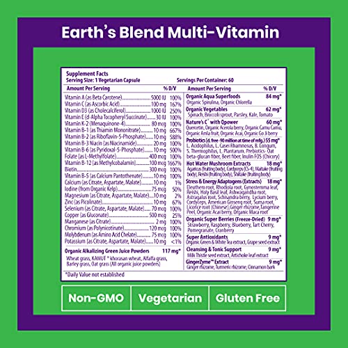 Paradise Herbs Earth's Blend, ORAC Energy Greens, Multivitamin, Contains No Iron, Contains Vitamins A,B,C,D,K2, 60 Vegetarian Capsules