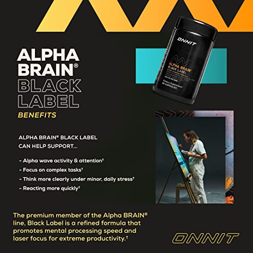 ONNIT Alpha Brain Black Label Capsule (80ct) Premium Citicoline Brain Supplement - Focus, Concentration & Memory - Lion's Mane, Hericium Erinaceus, L Theanine & Mucuna Pruriens