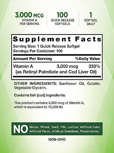 Vitamin A 10000 IU (3000 mcg) | 100 Softgel Capsules | Non-GMO, Gluten Free Supplement | by Nature's Truth