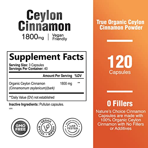 Pure Cinnamon Capsules - Certified Organic Ceylon Cinnamon Pills, Non-GMO, Gluten-Free, Dairy-Free, Sri Lanka Cinnamon Powder Supplement, Best Vegan True Cinnamomum Vitamins, Sugar Free - 120 Capsules