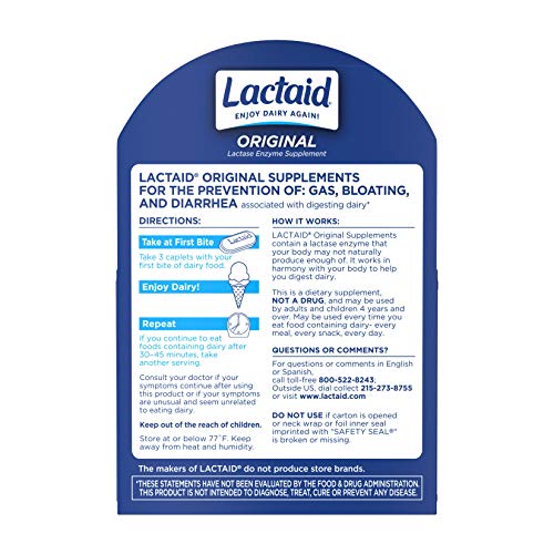 Lactaid Original Strength Lactose Intolerance Relief Caplets with Natural Lactase Enzyme, Dietary Supplement to Help Prevent Gas, Bloating & Diarrhea Due to Lactose Sensitivity, 120 ct