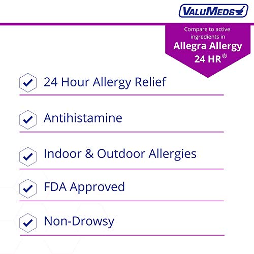 ValuMeds 24-Hour Allergy Medicine (100-Count) Fexofenadine HCl Tablets | Non-Drowsy Antihistamine | Pollen, Hay Fever, Dry, Itchy Eyes, Allergies | Kids, Adults (Compare to Allegra Tablets)