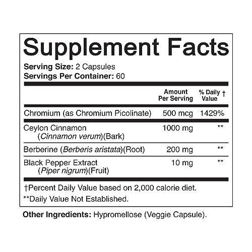 NutriFlair Ceylon Cinnamon, Berberine HCL, Chromium, Black Pepper Extract (Made with True Ceylon Cinnamon) - 1200mg per Serving, 120 Capsules - Best Glucose Metabolism and Antioxidant Combo Pills