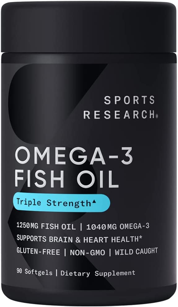 Sports Research Triple Strength Omega 3 Fish Oil - Burpless Fish Oil Supplement w/EPA & DHA Fatty Acids from Wild Alaskan Pollock - Heart, Brain & Immune Support for Men & Women - 1250 mg, 90 ct