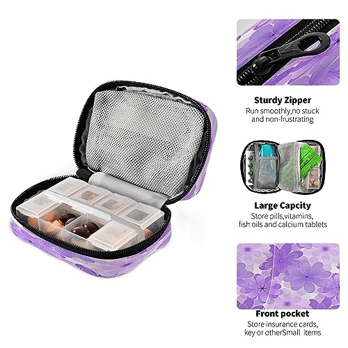 Kigai Purple Floral Pill Case, Portable Weekly Daily Pill Case Bag Organizer with Zipper for Vitamins Medicine Supplements Travel Family Business