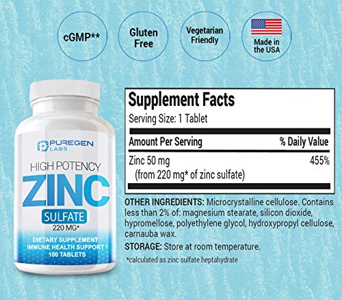 Puregen Labs Zinc Sulfate 220 mg Dietary Supplement Tablets - 100 count (Pack of 2)