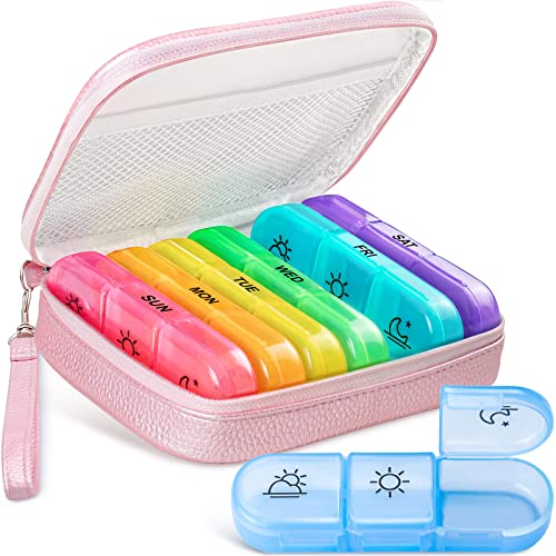 Cute Pill Organizer 3 Times a Day, AMOOS Large Daily Pill Case for Women, Portable Pill Box 7 Day for Purse with Bag & Zipper to Hold Vitamins, Medications, Fish Oils, Supplements (Pink)