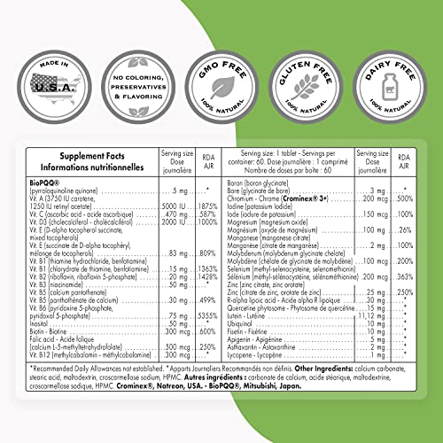 Supersmart - Daily 1® Timed Release - Multivitamin Supplement for Women & Men - with BioPQQ®, Vitamin A, B, C, D & E, Biotin, Quercetin & Fisetin | Made in USA | Non-GMO & Gluten Free - 60 Tablets