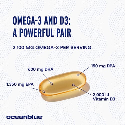 Oceanblue Professional Omega-3 2100 – 180 ct – Triple Strength Burpless Fish Oil Supplement with High-Potency EPA, DHA, DPA and Vitamin D3 – Wild-Caught – Vanilla Flavor (90 Servings)