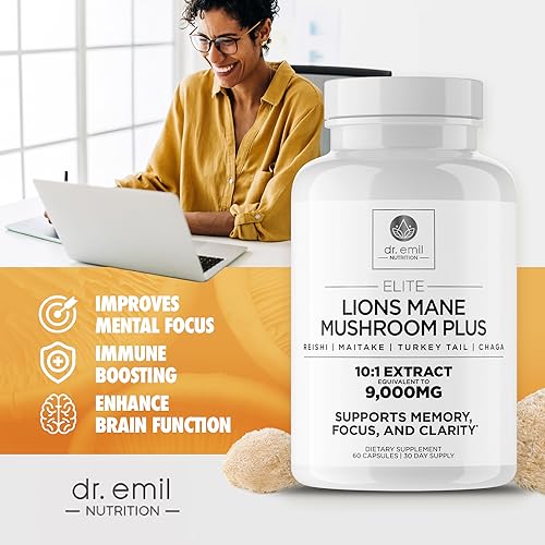 DR EMIL NUTRITION 9000mg Organic Lions Mane Supplement Capsules for Mental Clarity, Focus & Cognitive Support - Brain Boosting Nootropic Mushroom Supplement with Lion's Mane, Chaga, Reishi & Maitake