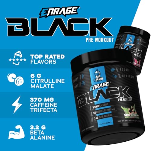 eFlow Nutrition Enrage Black High Stimulant Pre Workout Supplement - Preworkout Powder to Boost Energy, Pumps and Strength - 4 Flavors (30 Servings) (Sour Gummy)