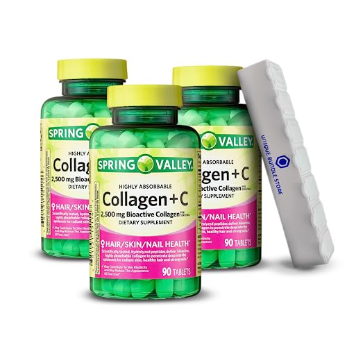 Spring Valley, Collagen Pills, 2,500 mg + C Tablets, Highly Absorbable Collagen Supplements, Dietary Supplement, 90 Count + 7 Day Pill Organizer Included (Pack of 3)