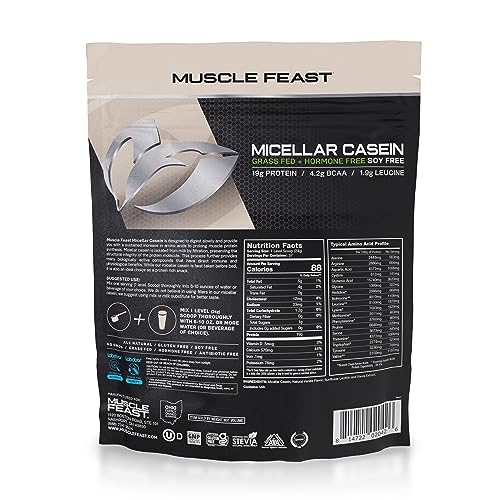 Muscle Feast Micellar Casein Protein | All Natural, Pasture Raised, Hormone Free, Soy Free Slow Absorbing Pure European Micellar Casein | 19g Protein, 88 Calories | Vanilla 2lb | 37 Servings
