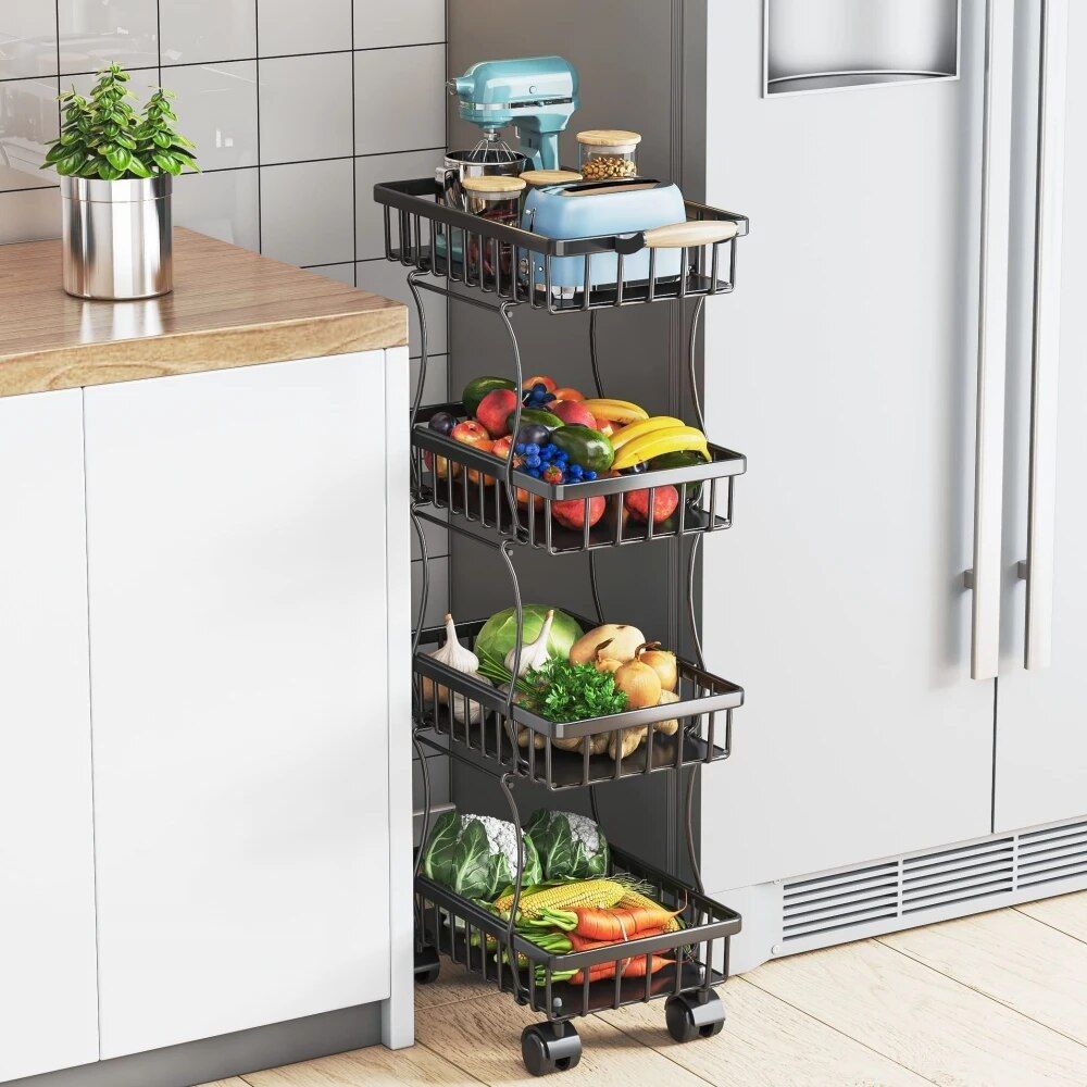 Wire Rolling Storage Cart - Multipurpose Black Utility Basket with Wheels