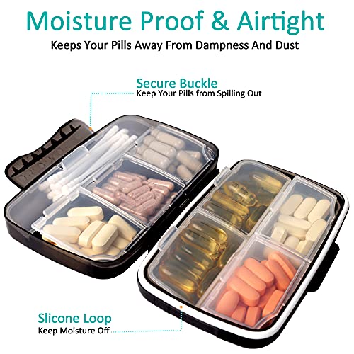 Travel Pill Organizer Large Portable Moisture Proof Vitamin Case, Fullicon Oversize 8 Compartment Pill Box, Pill Holder - Airtight & Moistureproof – Grey