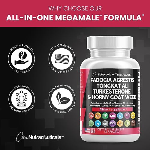 Fadogia Agrestis 5000mg Tongkat Ali 25000mg Turkesterone 5000mg Supplement with Horny Goat Weed, Saw Palmetto, Maca Root, Siberian Ginseng, Tribulus Terrestris, Fenugreek, Wild Yam USA - 60 Count