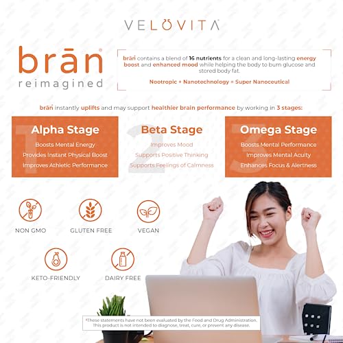 VELOVITA brān® Reimagined Caramel Macchiato Flavor Nootropic - Boost Energy and Increase Focus & Alertness with Vitamins - Non GMO, Gluten Free, Vegan, Keto-Friendly and Dairy Free - 25 Servings