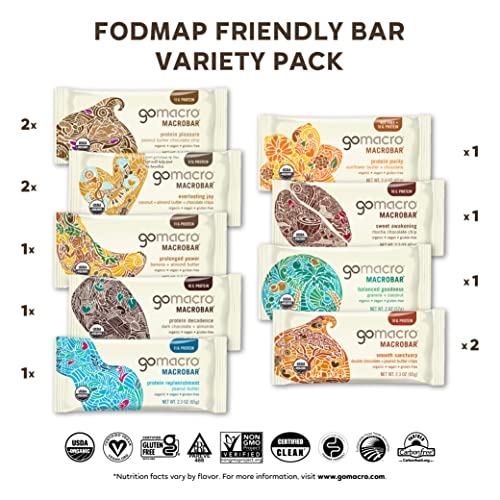 GoMacro MacroBar Organic Vegan Protein Bars - FODMAP Friendly Variety Pack (2.0-2.3 Ounce Bars, 12 Count)