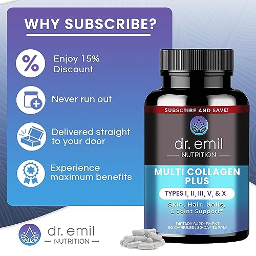 DR EMIL NUTRITION Multi Collagen Pills - Collagen Supplements to Support Hair, Skin, Nails, & Joints - Hydrolyzed Collagen Supplements for Women with Types I, II, III, V & X - 90 Capsules